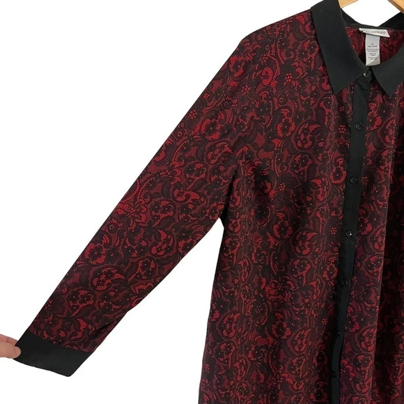 Catherines Floral Button Up Shirt 1X Black and Red Roll Tab Sleeves Lightweight - Picture 4 of 5
